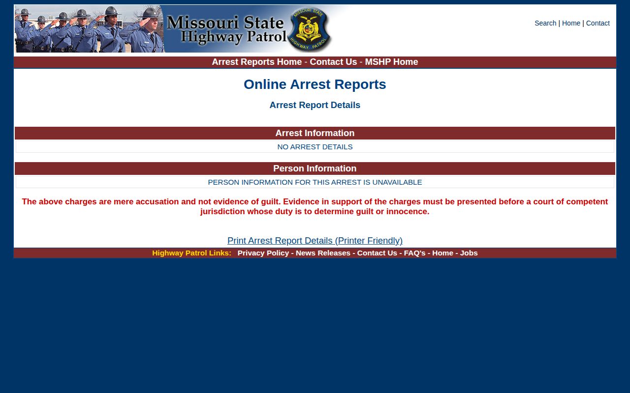 Missouri State Highway Patrol arrest-detail interface