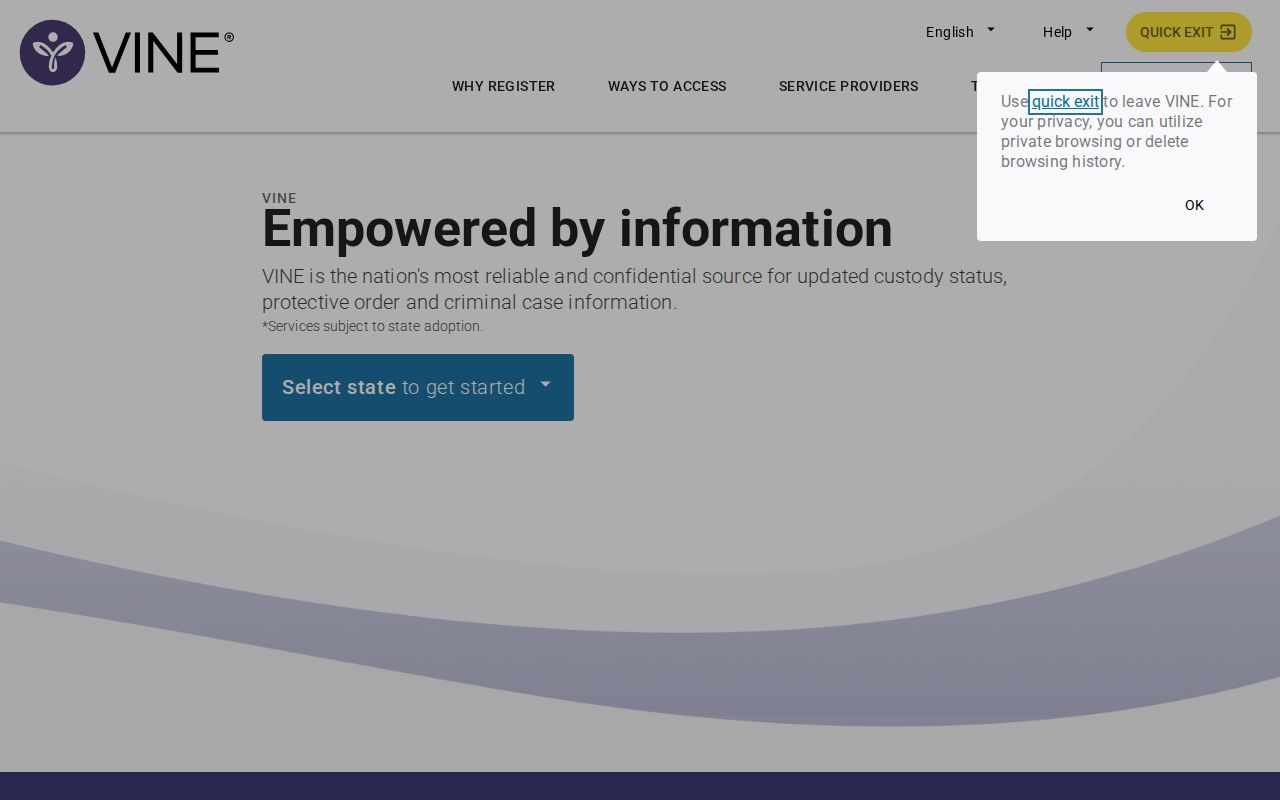 VINELink search and state selection screen
