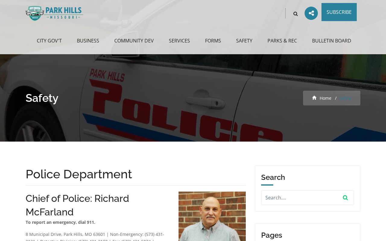 Park Hills Missouri public safety page with police department contact information