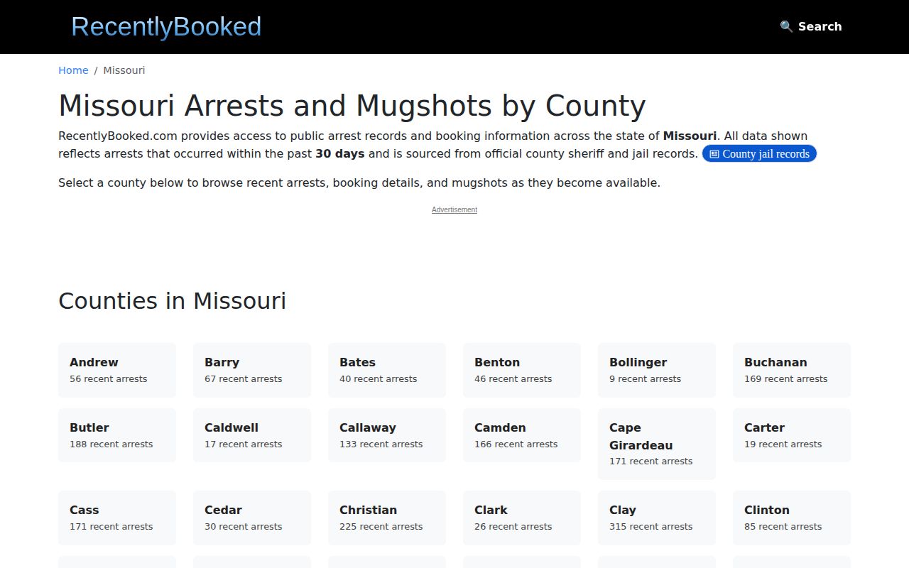 RecentlyBooked Missouri directory without a verified St. Francois County section