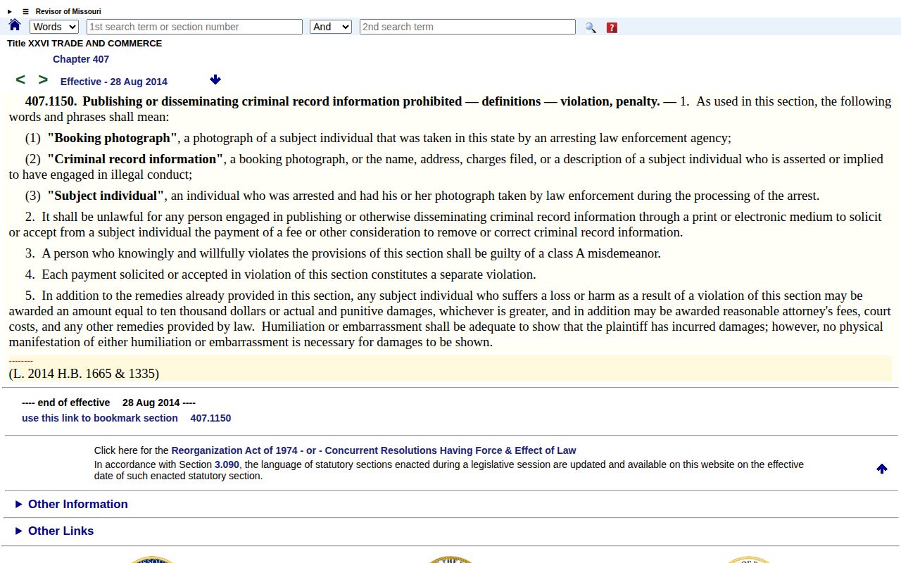 Missouri law governing payment to remove booking photographs and criminal record information
